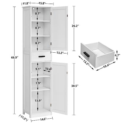 WEENFON Tall Bathroom Cabinet, Storage Cabinet with 6 Shelves & Drawer, Bathroom Storage Cabinet with Adjustable Shelves, Tall Cabinet for Living Room, Home Office, White - color: White