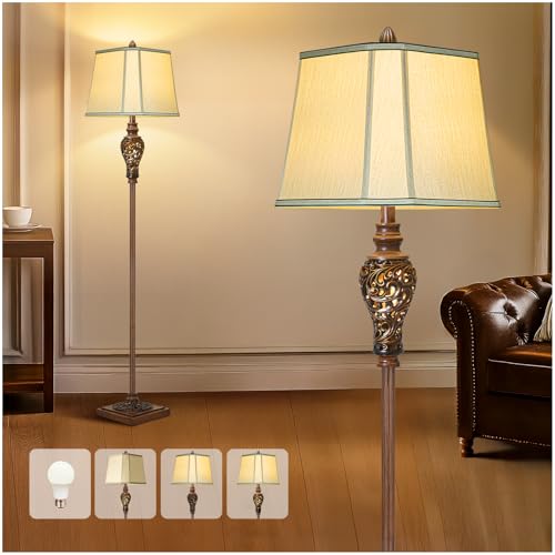Vintage Floor Lamp with Nightlight, Beige Faux Silk Shade, Farmhouse Style | Rustic Standing Lamp, Bronze Tall Light, Decor for Living Room Bedroom Study Home Office Corner, Rotary Switch, Bulb Included - color: Faux Wood Grain + Brown