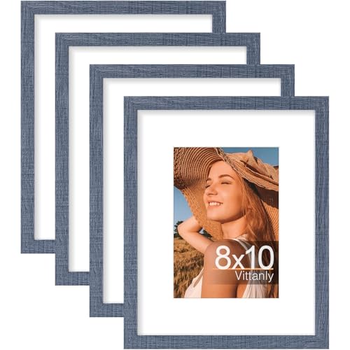 Vittanly 8x10 Picture Frames Set of 4, for Wall or Tabletop, Navy Blue | Display Pictures 5x7 with Mat or 8x10 without Mat, Engineered Wood with Shatter Resistant Plexiglass, Wall Gallery Frames - color: Navy Blue, size: 8x10
