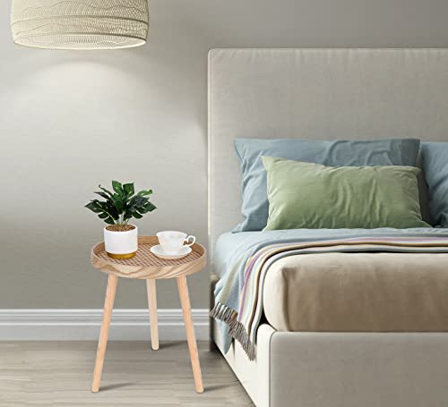 Small Side Table, Rattan Nightstand, Round End Boho Bedside Accent Mid-Century Modern Bed Tables for Living Room Bedroom Office Balcony(Natural Walnut) - color: Natural Walnut