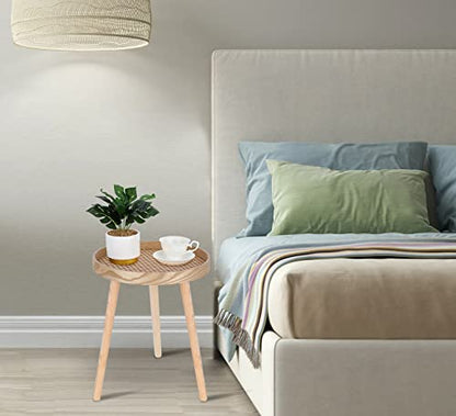 Small Side Table, Rattan Nightstand, Round End Boho Bedside Accent Mid-Century Modern Bed Tables for Living Room Bedroom Office Balcony(Natural Walnut) - color: Natural Walnut