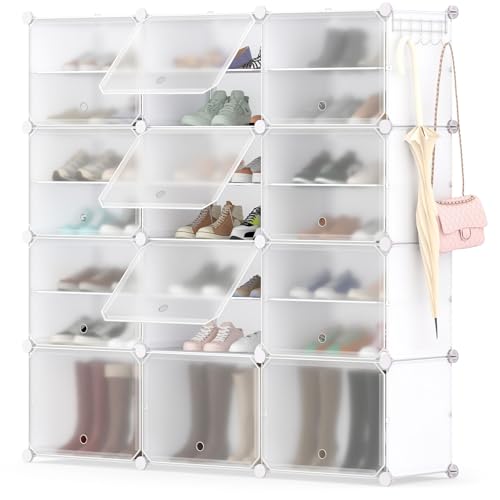 Tangkula 48 Pairs Shoe Rack Organizer, 12-Cube Shoe Storage Cabinet with Removable Shelf, 5 Hanging Hooks, DIY Shoe Shelves with Doors, 24 Tiers Free Standing Shoe Tower Rack for Entryway (White)