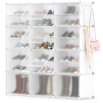 Tangkula 48 Pairs Shoe Rack Organizer, 12-Cube Shoe Storage Cabinet with Removable Shelf, 5 Hanging Hooks, DIY Shoe Shelves with Doors, 24 Tiers Free Standing Shoe Tower Rack for Entryway (White)
