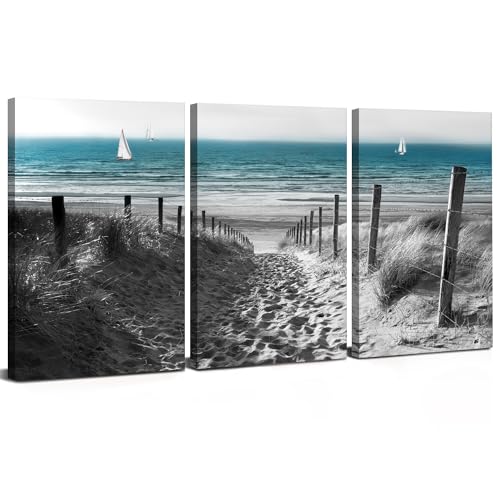 Beach Coastal Wall Art Blue Ocean Landscape Wall Decor for Living Room Bathroom Black and White Scenery Canvas Prints Pictures Seascape Sand Dune Paintings Artwork Office Home Decorations 16x24” 3 Pcs - color: Blue Coastal Sand Dune, size: 16"L x 24"W