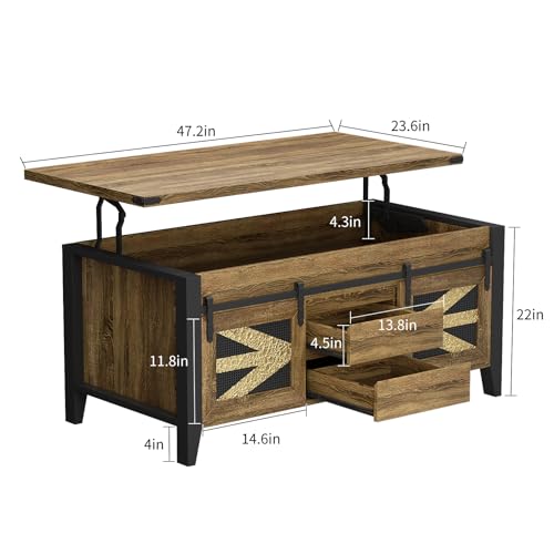 VFK 47.2" Lift Top Coffee Table with Hidden Compartment, Storage Drawers & Sliding Barn Doors, Farmhouse Rectangle Coffee Table for Living Room, Rustic Oak - color: Rustic Oak