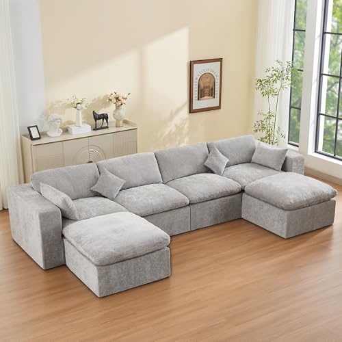 146''Cloud Boneless Sectional Couch, Modular Sectional Sofa Deep Seat with 2 Ottomans, Oversized Upholstered Convertible Comfy 6 Seater Chenille Sofa U Shape Couches for Living Room, Light Grey - color: Light Grey, size: 146"/4 Seater+2 Ottoman