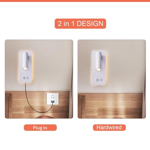 Bedside Reading Lamp Wall Mounted, LED Wall Reading Lights for Bed, Plug in Wall Sconce Set of 2, Bed Reading Light 3W 3000K Book Light with 9W Ambient Lighting - color: White, size: 2 Pack
