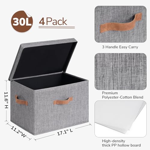 CHICVITA 4-Pack Large Fabric Storage Bins with Lids for Closet,Grey | 17.1" x 11.2" x 11.6" Storage Boxes for Shelves with Support Plate Fit Bedroom Storage Cubes with Handles for Clothes & Toys - color: Grey, size: 30L (17.1"L x 11.2"W x 11.6"H)