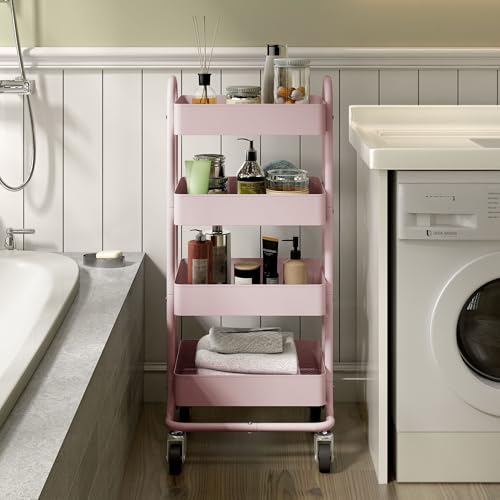 4 Tier Metal Rolling Cart Pink Utility Cart with Wheels,Rolling Pink Cart for Office,Home,Kitchen,Garden（13.4"x18.1"x40"） - color: Pink, size: 40"H