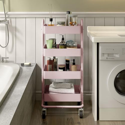 4 Tier Metal Rolling Cart Pink Utility Cart with Wheels,Rolling Pink Cart for Office,Home,Kitchen,Garden（13.4"x18.1"x40"） - color: Pink, size: 40"H