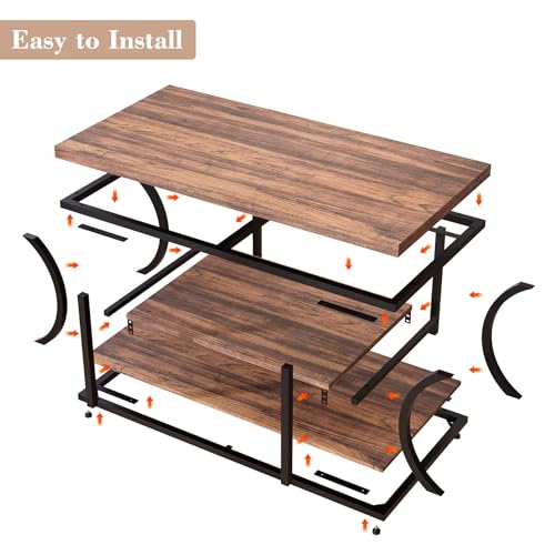Farmhouse Coffee Table with Storage, 3-Tier Industrial Wood & Metal Coffee Table for Living Room, Rustic Rectangle Center Table with Open Shelves, Rustic Brown