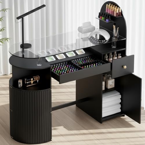 Manicure Table Nail Station with Tempered Glass Top, Professional Nail Tech Desk with Storage Cabinet & Drawer, Acetone Resistant, for Nail Beauty Salon Workstation(Black) - color: Black, size: no dust collector