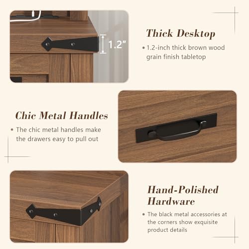 47" Farmhouse Computer Desk with 4 Drawers for Home Office, Bedroom | Executive Desk with Power Outlets, Home Office Desk with Monitor Stand & Drawers, Small Desk Writing Study Table, Brown - color: Brown