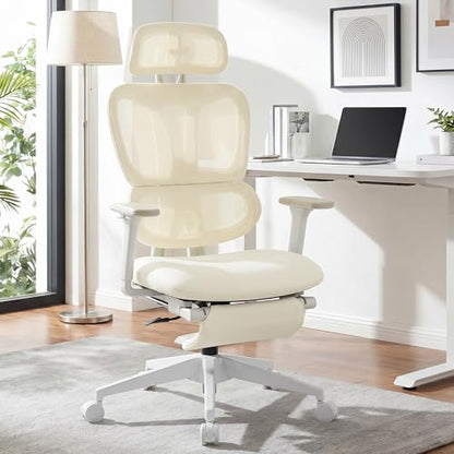 Ergonomic Office Chair with Footrest, 90-135° Reclining High Back Desk Chair with Lumbar Support, 2D Headrest, 2D Armrests, Computer Chair for Long Hours, Cream - color: Beige