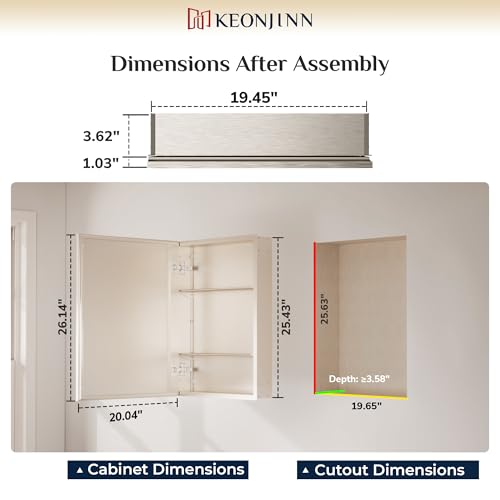 Keonjinn Bathroom Medicine Cabinet with Mirror 20 x 26 Inch, Brushed Nickel | Assembly Needed, Stepless Adjustable Shelves, Wall-Mounted or Recessed, Lightweight Aluminum, Rust-Resistant, Tempered Glass - color: Brushed Nickel, size: 20x26 In