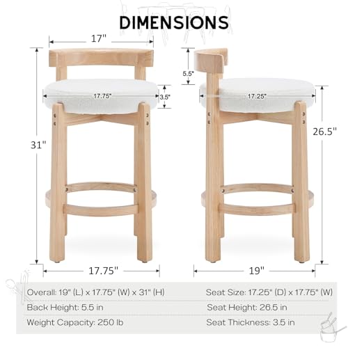 HEAH-YO Mid Century Modern Sherpa Bar Stools Set of 2, 26.5" Counter Stools with Back, Boucle Upholstered Barstools with Solid Wood Legs Bar Chairs for Kitchen Island Dining Room, White - color: 26.5" White Sherpa, size: Counter Height - Set of 2