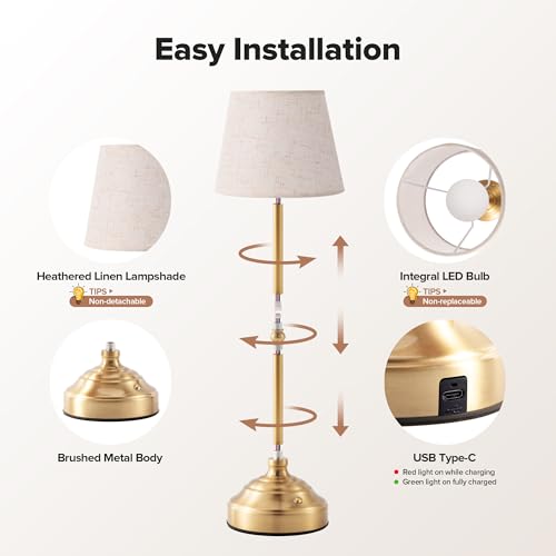 2 Pack Cordless Table Lamp, Rechargeable Desk Lamp with Fabric Shade, Battery Operated 3 Color Stepless Dimming, Small Touch Bedside Lamp Home Decor for Dining, Counter(Brushed Gold) - color: Brushed Gold, size: 2 Pack