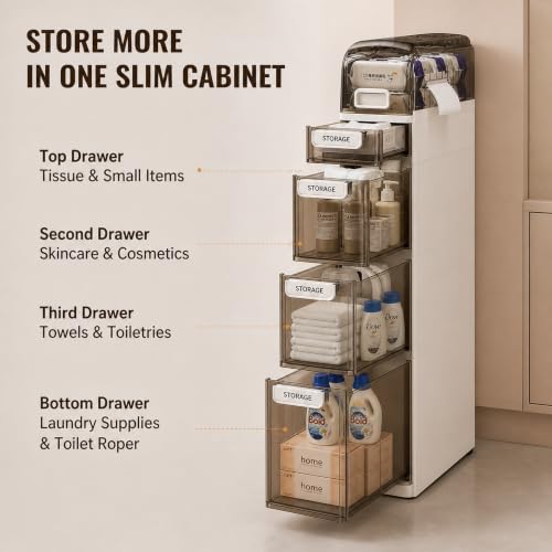 Slim Bathroom Storage Cabinet with Drawers – Narrow Waterproof Rolling Floor Organizer with Wheels, Space-Saving Gap Storage, No Assembly (3-Tier, 23.4" H) - size: 3-Tier, 23.4"H