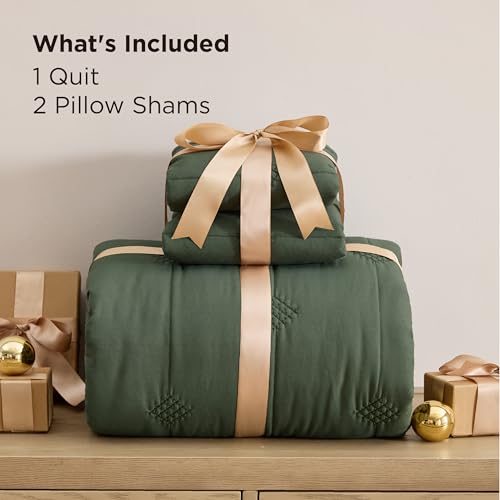 Bedsure King Size Quilt - Prewashed Extra Soft Cotton-Like Polyester Bedspreads King Size, Lightweight Comforter, Includes 1 Quilt 106x96 Inches with 2 Shams, Machine Washable, Dark Green - color: 01 - Olive Green, size: King (106" x 96")