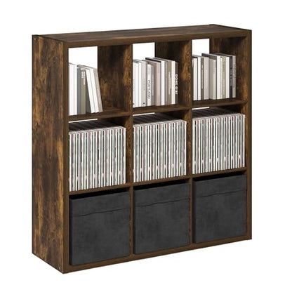 Furinno Cubicle 9-Cube Book Shelf, Extra Thick Frame Bookshelf, Amber Pine | 14.6" x 44" x 44", Reversible Bookcase with Open Back, for Living Room, Bedroom, Home Office - color: Amber Pine, size: 9-Cube