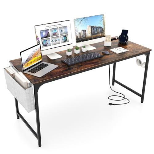 Giantex 60 Inch Computer Desk with Charging Station, Home Office Writing Desk with Storage Bag & Headphone Hook, Large Gaming Table PC Workstation, Modern Simple Laptop Desk for Bedroom, Study - color: Rustic Brown, size: 60"