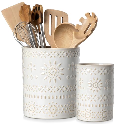 LOVECASA Ceramic Utensil Holder Set of 2, 7.2'' & 5.4'' Kitchen Crocks | Ceramic Utensil Crock, Countertop Storage, Set of 2, Farmhouse Style, Kitchen Decor, Vase-like Design, Housewarming Gift Use - color: Oasis, size: 7.2"+5.4" (Set of 2)