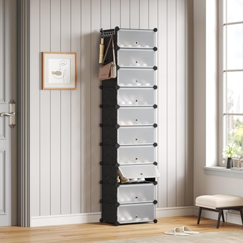 Mondeer Shoe Storage Cabinet, Modular Shoe Rack, Cube Plastic Shoe Organizer with Door, Dustproof and Waterproof for Entrance Hall, Bedroom, Living Room, Stores 20 Pairs of Shoes, Black - color: Black
