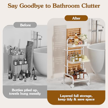 Bathroom Cart with Bathtub Tray Holder, Bathroom Organizers and Storage, Small Slim Shelf Organizer with Bath Tub Caddy Rack, 3 Tier Narrow Skinny Acrylic Rolling Cart for Laundry Room Living Room