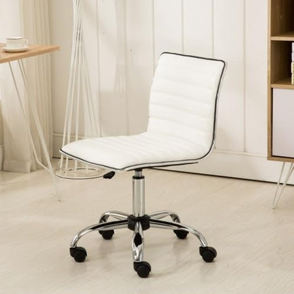 Armless Small Swivel Desk Chair, Vanity Office Desk Chair with Wheels | Adjustable Task Chairs, Modern Adjustable Height Work Chairs with Faux Leather Fabric & Padded Seat for Home Office, White - color: White