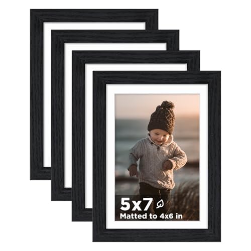 5x7 Picture Frame Black Wood Set of 4, Wooden Photo Frame Matted 4x6 with Plexiglass for 4x6 with Mat or 5x7 without Mat for Table and Wall Display - color: Black Wood, size: 5x7