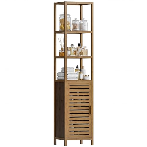 HITNET Bathroom Cabinet, Bamboo Floor Cabinet Freestanding Narrow Storage Unit with Removable Shelves, 6 Tier Tall Cabinet, Walnut - color: Walnut