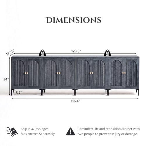 IFBUY 123.5" W Mid Century Modern TV Stands for Living Room, Dark Grey | Wood Entertainment Center w/Adjustable Shelves, Media Console w/Arched Fluted Doors, Entryway Cabinet Fits 80, 85, 95 Inch TV - color: Grey, size: 15.75"D x 123.5‬"W x 34"H