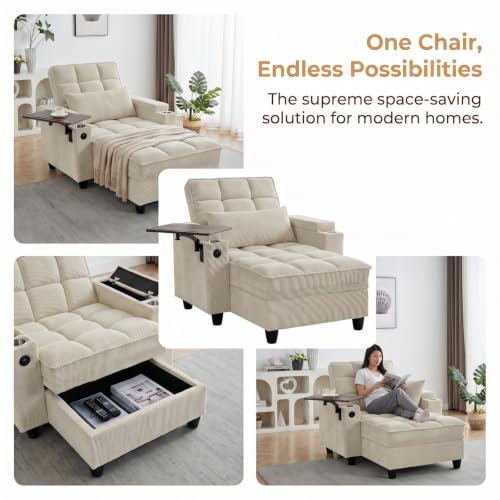 Convertible Sleeper Chair, Pull Out Sofa Bed with Adjustable Backrest & Hidden Storage Armrest, Single Sofa Recliner with USB Charging Port & Cup Holders for Living Room, Bedroom, Beige - color: C-beige-p8