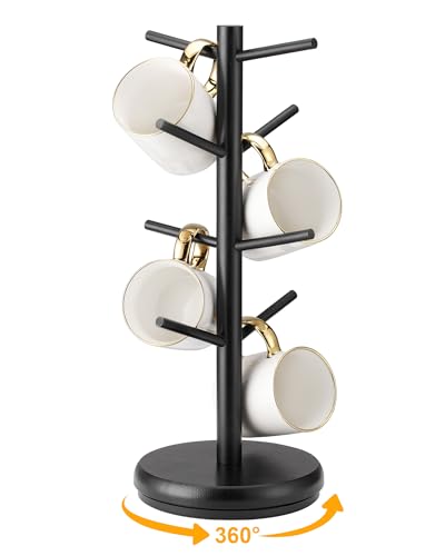 Lorbro Coffee Mug Tree, 360° Rotating Wooden Mug Holder with 8 Hooks | Large Mug Friendly, Space-Saving Display, Stable Wooden Base, Easy Assembly, Coffee Bar, Kitchen Counter, Gift Ready - size: Rotatable