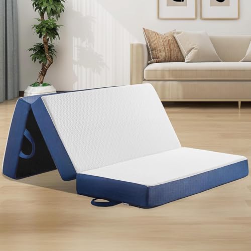 CYMULA Folding Mattress Twin XL Size, Memory Foam 4 inch Tri Portable Trifold Mattress Topper with Breathable & Washable Cover, Sofa Bed for College, Guest Use & Travel,White, 38"x80"x4" - color: White, size: Twin XL-4inch