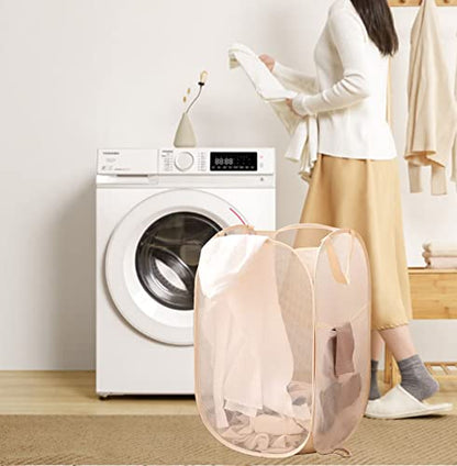 Pop Up Laundry Basket Folding Laundry Hamper Mesh Hamper Storage Bin | Beige Collapsible Laundry Basket Side Pocket Foldable Space Saving Laundry Bag for College Dorms, Travelling, Cruise, Camping - color: Beige
