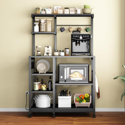Bakers Rack with Power Outlet, 8-Tier Microwave Cart, Coffee Bar w/ 6 Hooks | 8-Tier Bakers Rack with Power Outlet, Coffee Bar Station & Microwave Cart, Metal Kitchen Storage Shelf with Wheels - color: Black