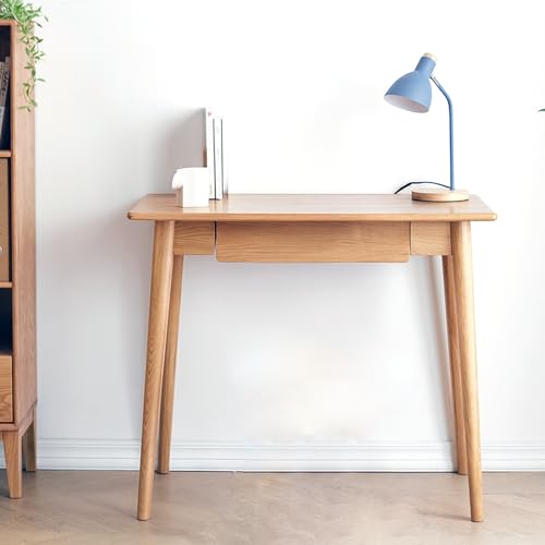 31" Solid Oak Narrow Writing Desk with Drawer, Tapered Legs | Mid-Century Modern, Natural Finish, Space-Saving, Easy Assembly, Compact Storage Desk, for Bedroom, Home Office, Small Spaces - size: 31.5"W