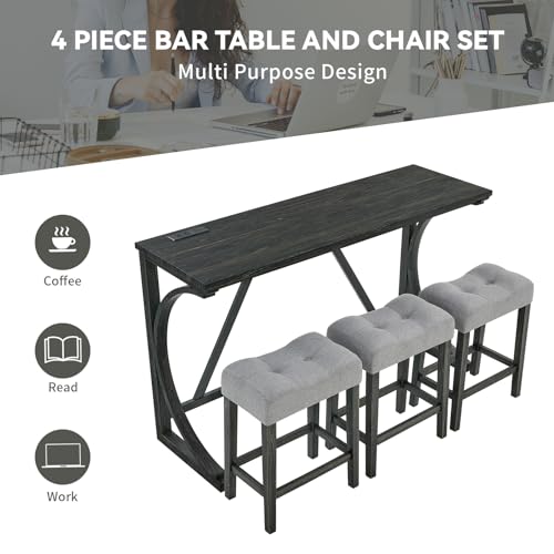 59" Dining Bar Table Set with Power Outlet, Behind Couch Sofa Table with 3 Padded Stools, 4 Piece Bar Table and Chairs Set for Living Room, Dining Room, Black - color: O1-black