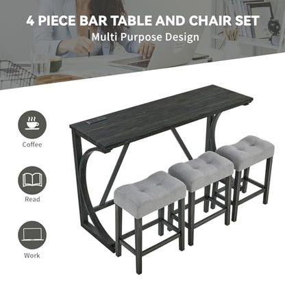 59" Dining Bar Table Set with Power Outlet, Behind Couch Sofa Table with 3 Padded Stools, 4 Piece Bar Table and Chairs Set for Living Room, Dining Room, Black - color: O1-black