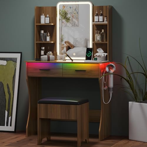 Small Vanity Desk with Mirror and Lights, Makeup Vanity with LED Lights, Walnut Vanity Mirror with Lighted Desk and Chair, 3 Lighting Adjustable Compact Dressing Table with Mirror for Women, Girls - color: Walnut, size: 29.88x15.09x51.30 in