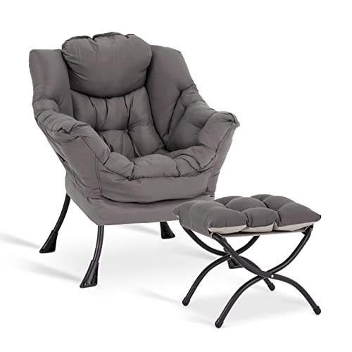 Lazy Chair with Ottoman, Comfy Accent Reading Chair, Dark Grey | Foldable Footrest,Removable Cover,with Armrests and Side Pockets,Upholstered Lounge Chair for Bedroom,Dorm,Office,Small Space - color: Dark Grey