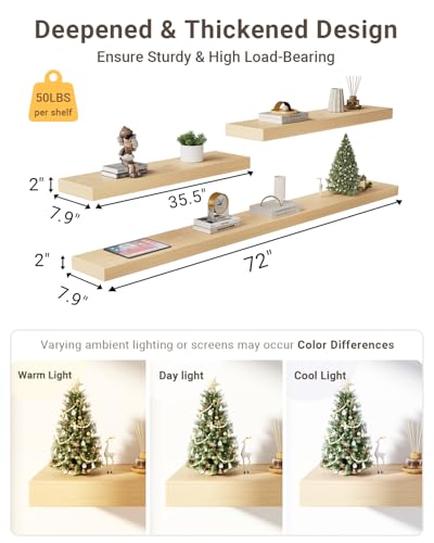 White Oak Floating Shelves for Wall, 8"D x 2"H, 3pcs (35.5 & 72In) | 2" Thick Wood Wall-Mounted Shelf, Fireplace Mantel, Bathroom Bedroom Kitchen Living Room, Heavy Duty Bracket, 50LBS Capacity - color: White Oak, size: 35.5 (2pc)+72 (1pc)