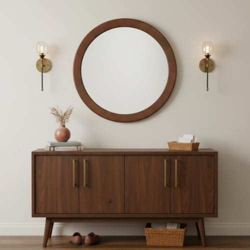 Round Mirrors 28 Inch,Wood Vanity Wall Rustic Mirror With Walnut Frame | Wooden Mirror For Bathroom Bedroom Living Room or Entryway(Walnut Brown) - color: Walnut Brown, size: 28"L x 28"W
