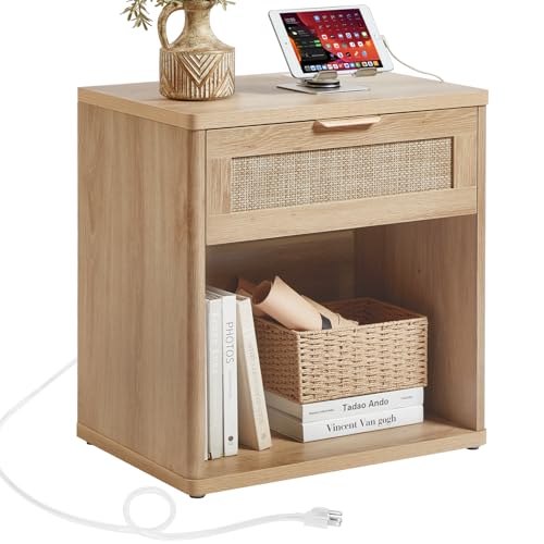 LEYAOYAO Rattan 23" Nightstands with Charger for Bedroom | Gold Metal Handle, Storage Shelf, Oak Night Stand with Drawer, Boho Bedside Table, Bed Side End Tables Living Room, Hallway - color: Natural Wood, size: 1 Drawer