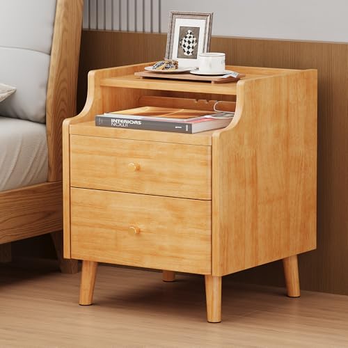 Nightstand with Drawers, 15.7" Solid Wood Side Table for Bedroom, Modern Bedside Table with Pull-Out Tray & Cable Management, Natural - color: Natural, size: 16"