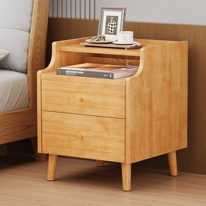 Nightstand with Drawers, 15.7" Solid Wood Side Table for Bedroom, Modern Bedside Table with Pull-Out Tray & Cable Management, Natural - color: Natural, size: 16"