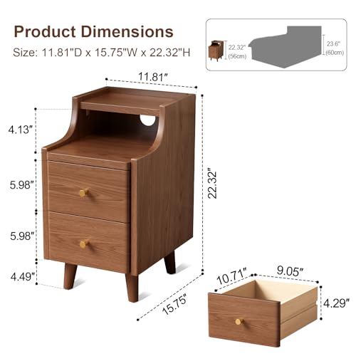 Narrow Nightstand with 2 Drawers,Solid Wood Bedside Table,Walnut Nightstand | Solid wood narrow nightstand with 2 drawers,slim night stand for organized storage in bedroom, study, and bathroom spaces. - color: Walnut, size: 15.75"D x 11.81"W x 22.32"H(2 D