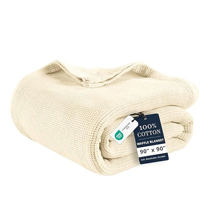 LANE LINEN Queen Blanket - 300 GSM Cotton - Warm & Cozy Blanket - Softer, Durable, Breathable & Classic Waffle Texture - Great for Everyday Bed Use & Relaxing on Couch - 90x90 inches - Sugar Swizzle - color: 07: Sugar Swizzle, size: Queen