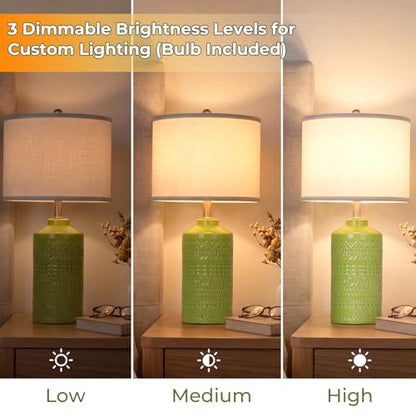 JUNNAI Light Green Ceramic Table Lamp 25 inch 3-Way Dimmable Nightstand Lamp with White Linen Shade Bedside Lamp for Living Room Bedroom Office Reading (Bulb Included) - color: Light Green